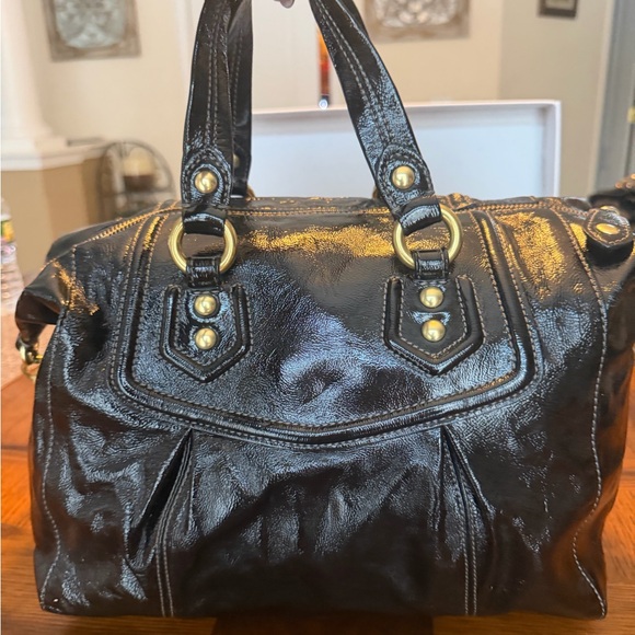 Coach Shiny Black Leather Medium Satchel with Gold Accents - Picture 4 of 5